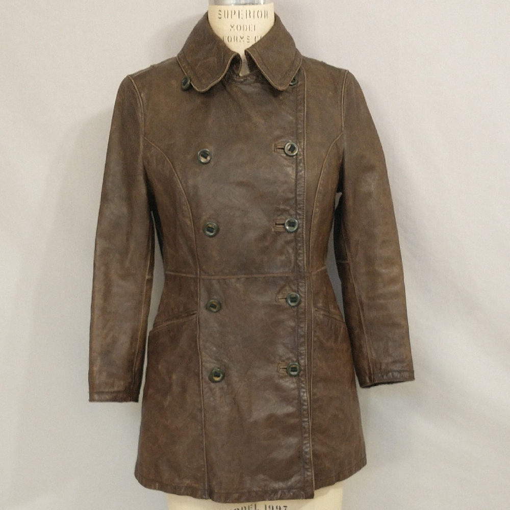 John Varvatos Designer Leather Coat Distressed Brown Women's M Car 30" Length